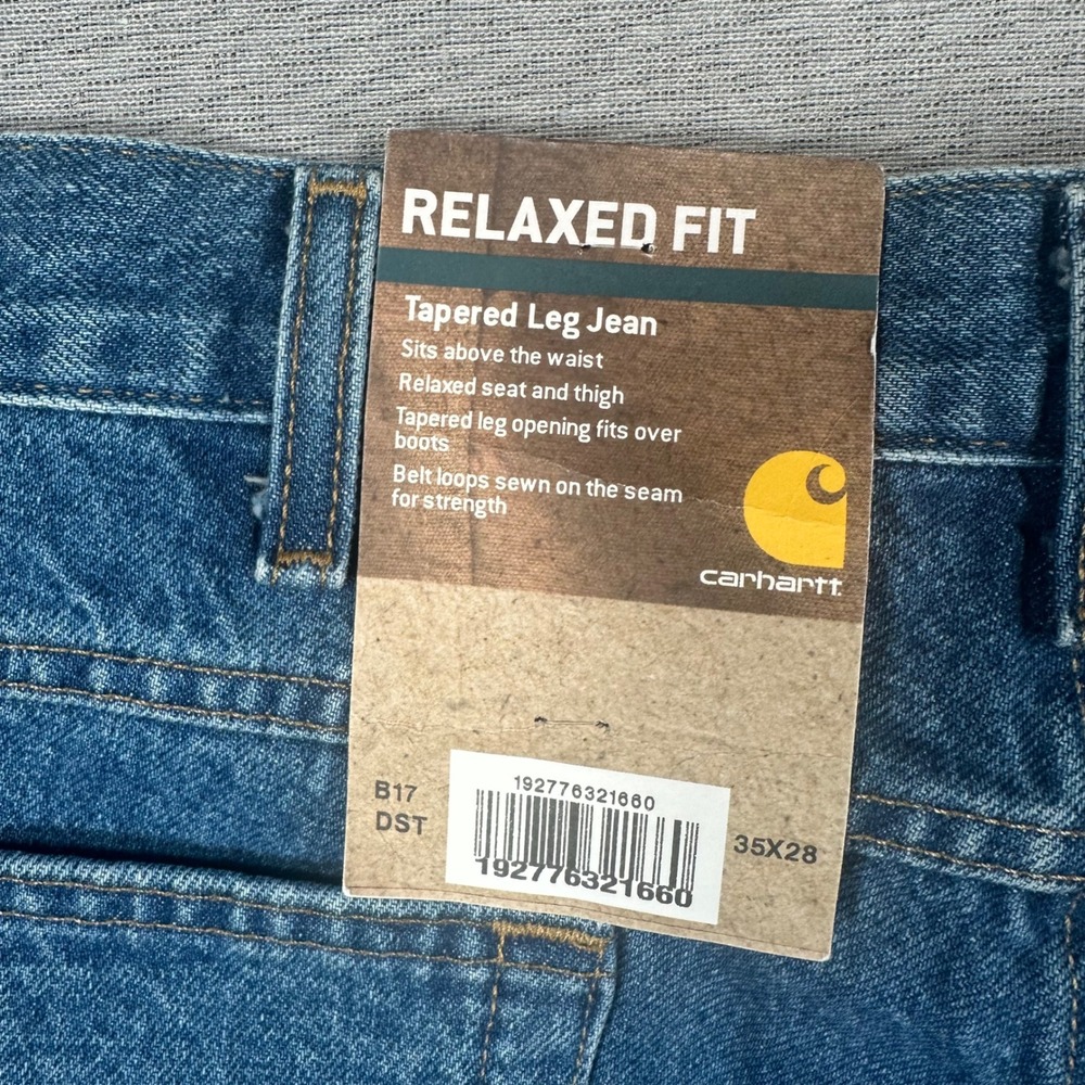 Carhartt Jeans Mens 35x28 Relaxed Fit Blue Denim Casual Work B17 DST Tapered Leg - Picture 8 of 10